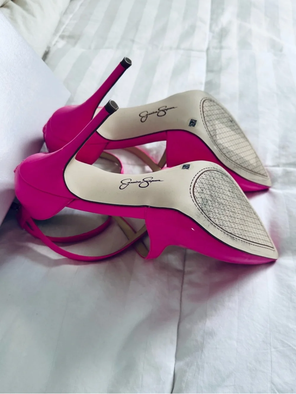 Jessica Simpson Hot Pink Patent Pointed Toe Strappy Stiletto Heels - Picture 10 of 13